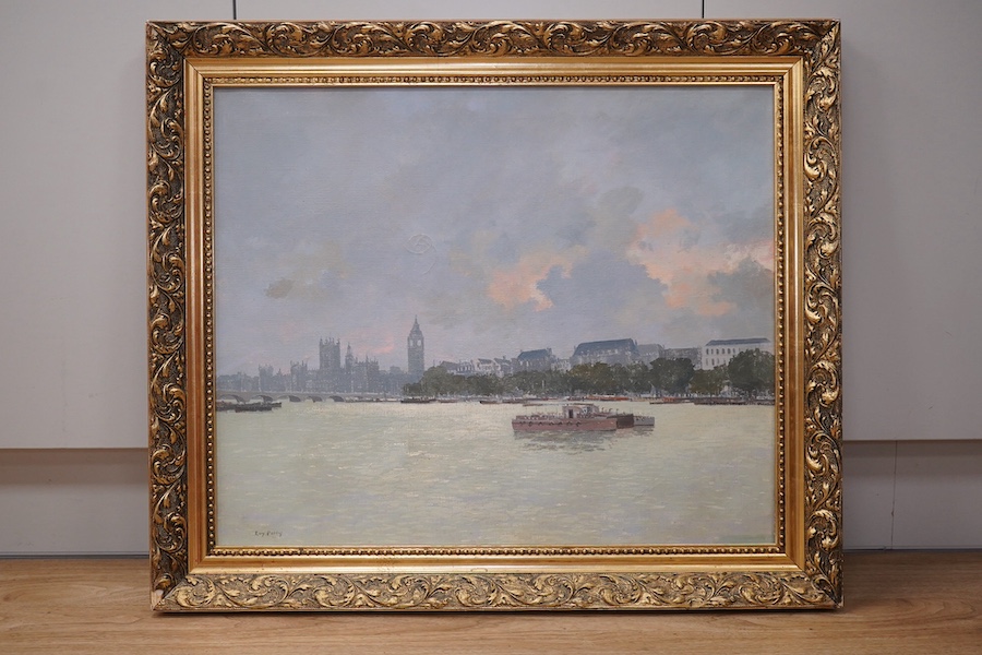 Roy Perry (1935-1993), oil on canvas, London from the Thames, signed, 49 x 59cm, ornate gilt framed. Condition - fair